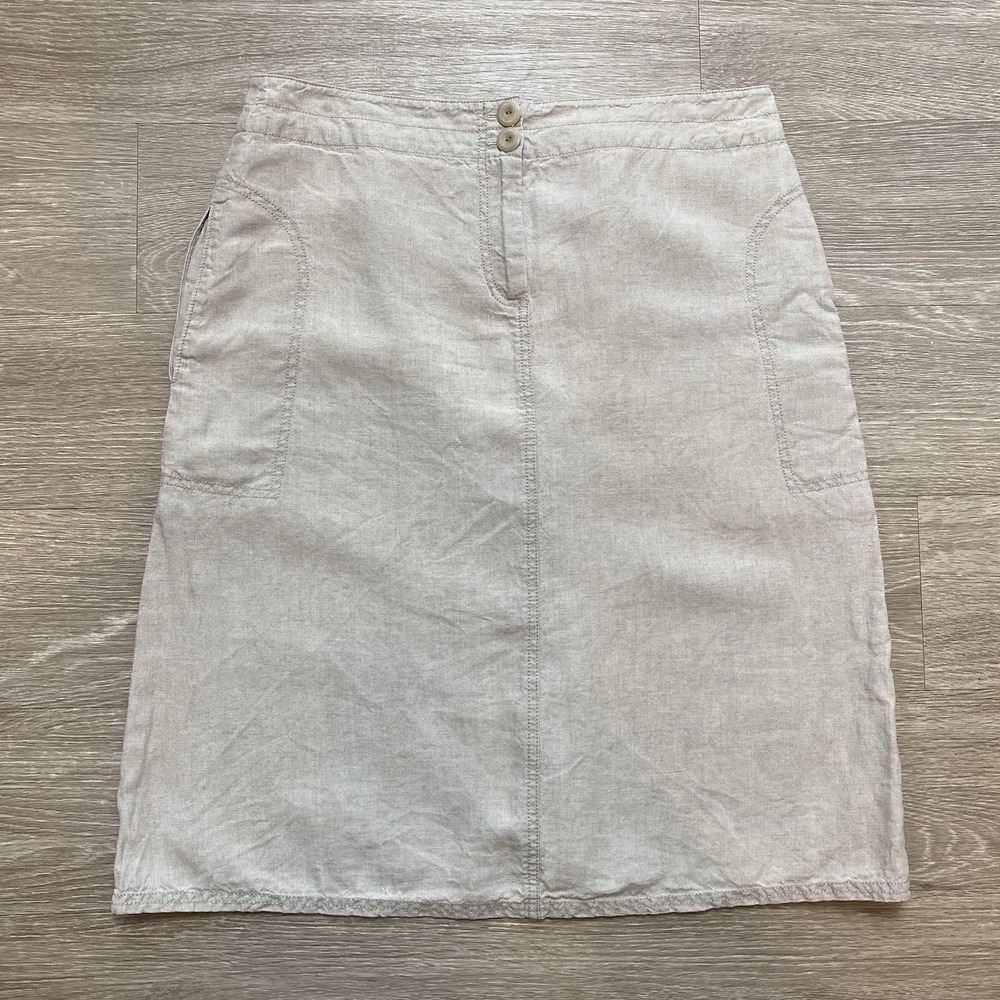 Eileen Fisher 100% Linen Midi Skirt Women's M Beige Coastal Lagenlook Minimal